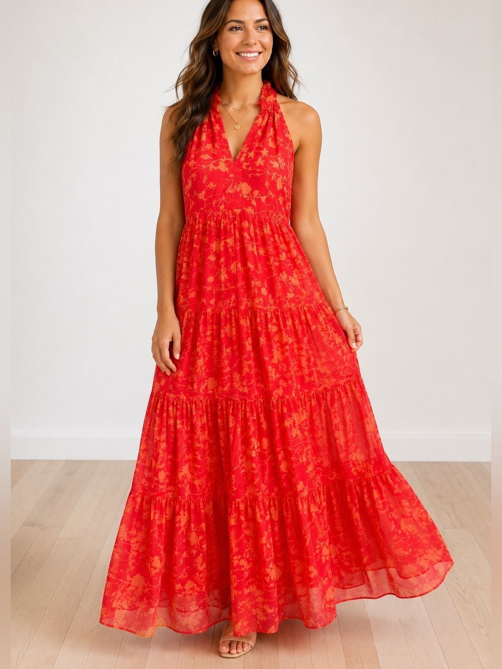 Amanda Uprichard Floral Tiered Halter Maxi Dress – Size Small